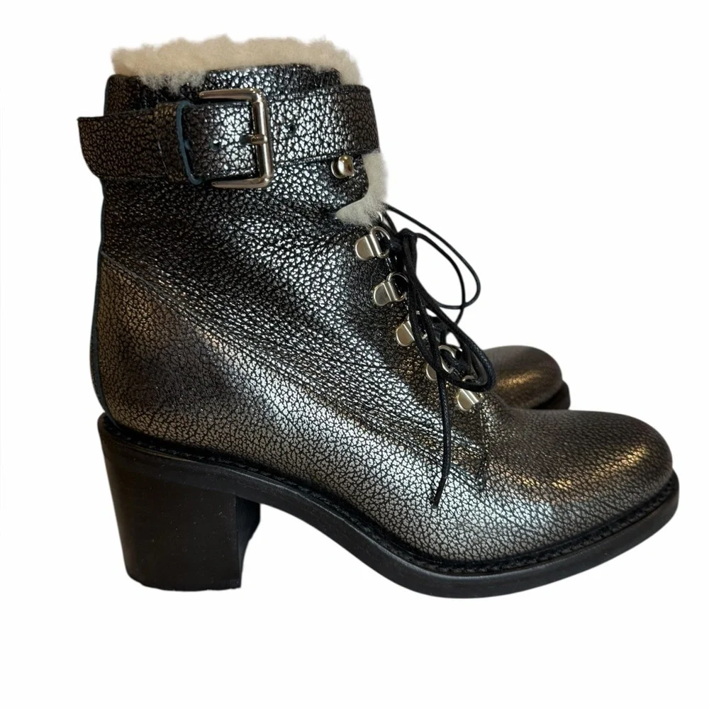 FREE LANCE Paris Shearling Lined Leather Combat Boots EU 39 Silver Metallic - Picture 12 of 14
